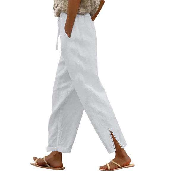 RPVATI Linen Cropped Pants Women Summer Drawstring Elastic Waist Lounge Pants Vacation Lightweight Wide Leg Loose Fit Trousers with Pockets White XXL