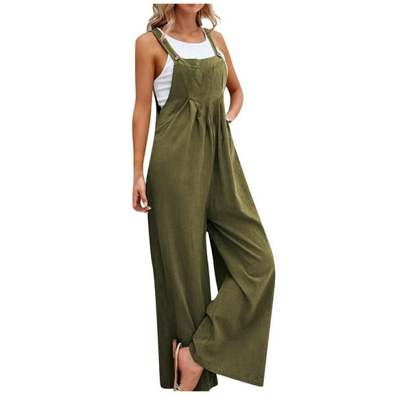 RPVATI Linen Overalls for Women Loose Fit Summer Adjustable Strap Wide Leg Jumpsuits Casual Baggy Palazzo Pants Rompers 2025 Dark Green XL