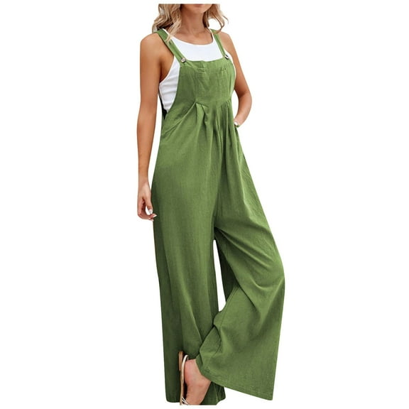 RPVATI Linen Overalls for Women Loose Fit Summer Adjustable Strap Wide Leg Jumpsuits Casual Baggy Palazzo Pants Rompers 2025 Green XXL