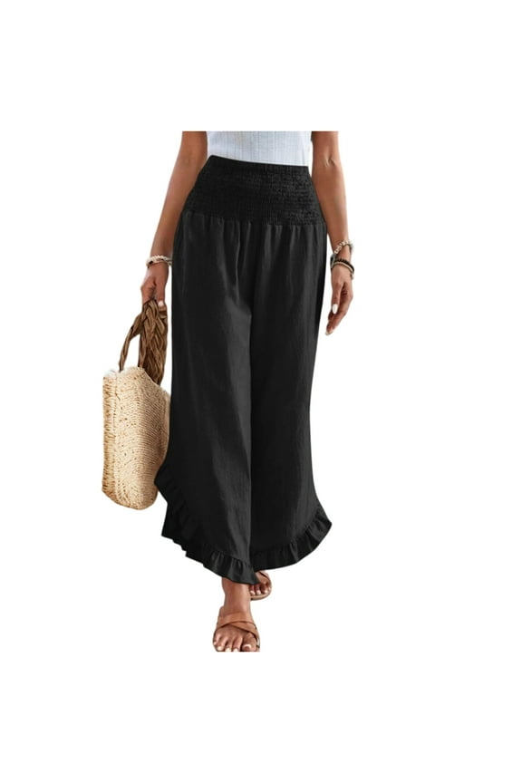 Linen Pants Women Casual Boho Smocked High Waisted Flowy Palazzo Pants Summer Petite Ruffle Hem Wide Leg Beach Baggy Vacation Pants with Pockets Black L
