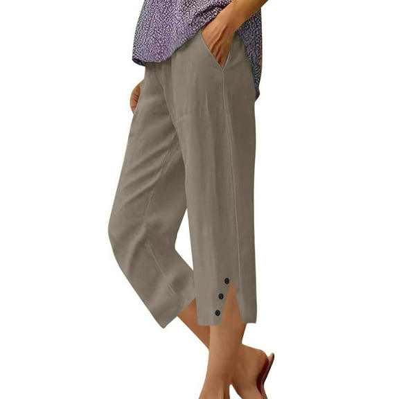 RPVATI Linen Pants Women Lightweight Spring Summer Capris for Women 2025 Ladies Pinstripe Trousers Gray M