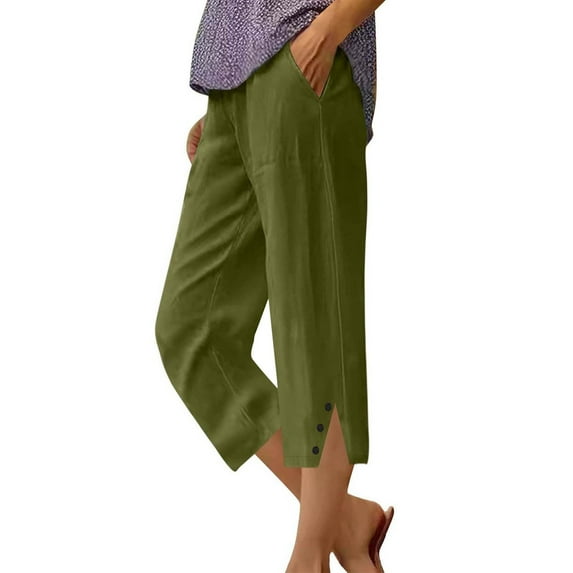 RPVATI Linen Pants Women Lightweight Spring Summer Capris for Women 2025 Ladies Pinstripe Trousers Green S
