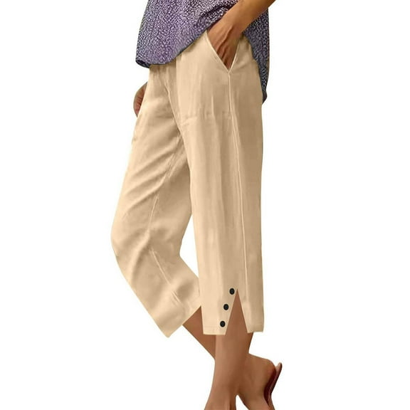 RPVATI Linen Pants Women Lightweight Spring Summer Capris for Women 2025 Ladies Pinstripe Trousers Khaki M