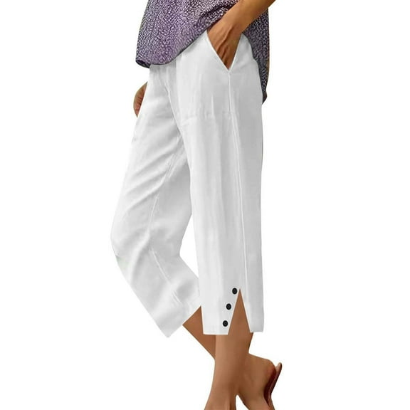 RPVATI Linen Pants Women Lightweight Spring Summer Capris for Women 2025 Ladies Pinstripe Trousers White M