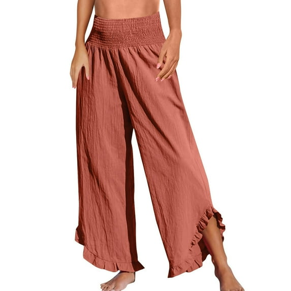 RPVATI Linen Pants Women Plus Size Boho Smocked Straight Leg Elastic High Waisted Palazzo Pants Summer Casual Ruffle Hem Flowy Beach Cropped Travel Pants with Pockets Vermilion XXL