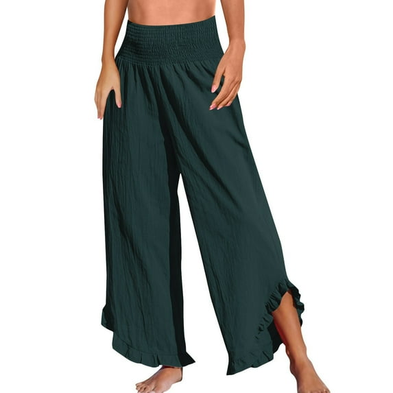 RPVATI Linen Pants for Women Summer Casual Boho Smocked Elastic Waist Ruffle Hem Palazzo Pants Dressy Flowy Wide Leg Beach Cropped Lounge Pants with Pockets Dark Green 3XL