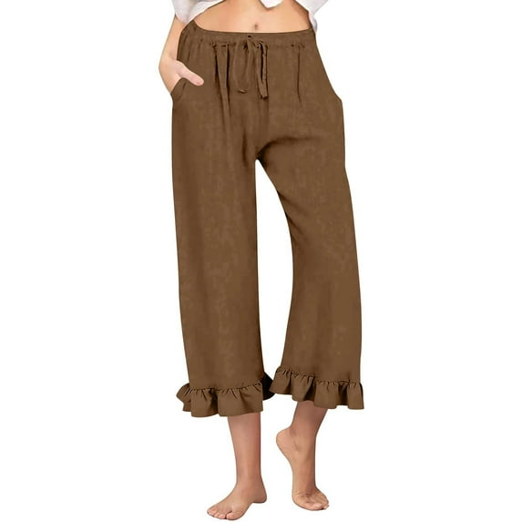 RPVATI Linen Pants for Womens Casual Drawstring High Waisted Vacation Wide Leg Capri Pants Summer Yoga Ruffle Cropped Beach Palazzo Pants with Pockets Brown XXL
