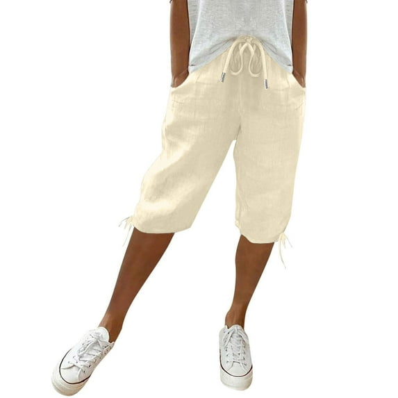 RPVATI Linen Shorts for Women Long Elastic Waist Knee Length Summer Beach Bermuda Shorts Drawstring Wide Leg Capri Pants with Pockets Beige S