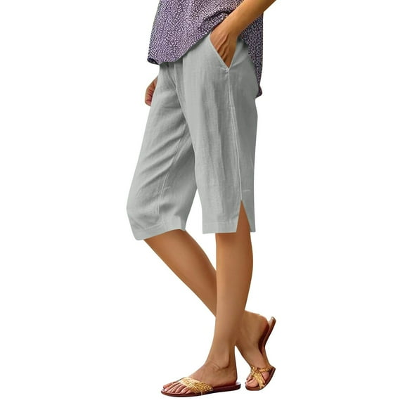 RPVATI Linen Shorts for Women Pink Casual Knee Length Beach Bermuda Shorts Summer Loose Fit Elastic Waist Wide Leg Baggy Cropped Capri Pants with Pockets Light Gray M