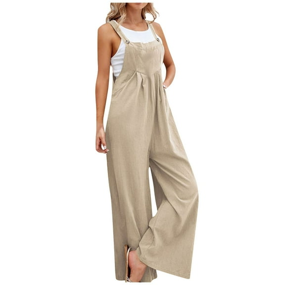 RPVATI Linen Wide Leg Jumpsuits for Women Casual Adjustable Strap Baggy Overalls Loose Fit Sleeveless Palazzo Pants Rompers Khaki 3XL