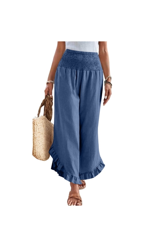 Loose Linen Pants for Women Dressy Summer Elastic High Waisted Smocked Ruffle Hem Palazzo Pants Casual Boho Wide Leg Flowy Beach Lounge Trousers with Pockets Blue L