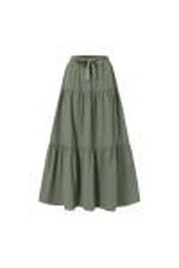 Maxi Skirts for Women Petite Linen Drawstring Boho High Waisted A Line Skirts Summer Tiered Trendy Pleated Flowy Ruffled Skirt Green M