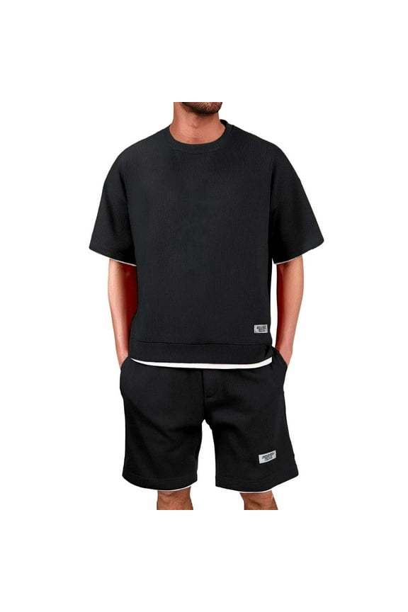 Mens 2 Piece Short Set Waffle Knit Plus Size Short Sleeve Shirt and Shorts Sets Casual Summer Athletic Jogging Tracksuits Black XXL
