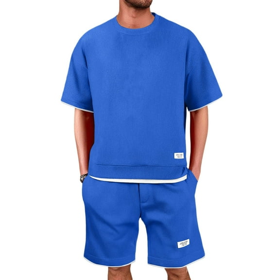 RPVATI Mens Sets 2 Piece Outfits Casual Waffle Knit Loose Shirt & Shorts Summer Comfy Athletic Jogging Tracksuits Blue L