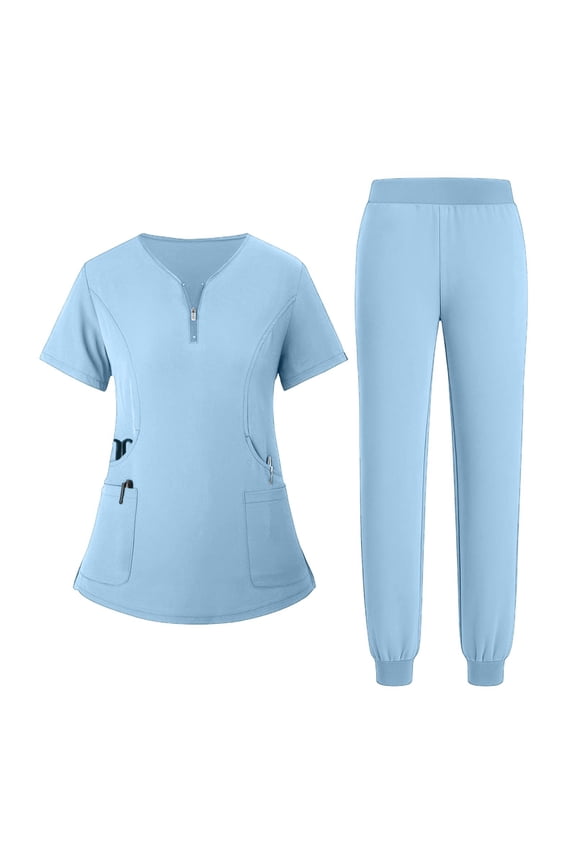 Nursing Scrubs for Women Workwear Nurse Uniform 4 Way Stretch Short Sleeve V-Neck Scrub Tops and Drawstring Pants Nursing Quick Drying Scrubs Set Multi Pockets(Sky Blue,S)