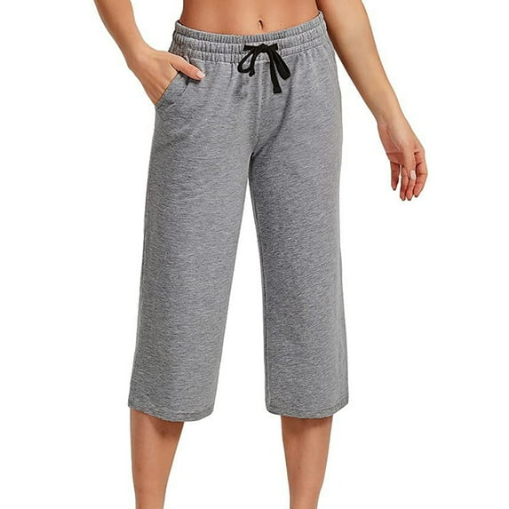 RPVATI Petite Capris Pull Ons with Pockets Drawstring Womens Work Pants Straight Solid Wide Legged Pants Elastic Waist Women's Pants for Work Business Casual Gray M