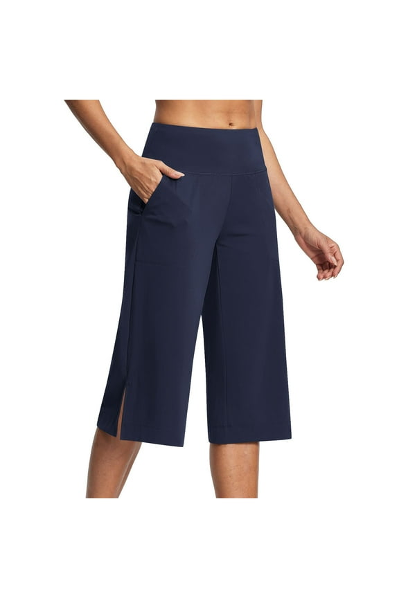 Petite Capris for Women Petite Length Pockets Straight Stretch High Waisted Crop Pants Summer Casual Tummy Control Capri Pants Dressy Yoga Trousers Navy M