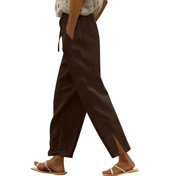 RPVATI Petite Womens Linen Pants Vacation Elastic Waist Drawstring Beach Pants Summer Lightweight Wide Leg Holiday Trousers with Pockets Coffee L