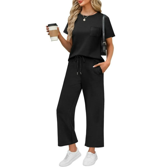 RPVATI Plus Size 2 Piece Sets for Curvy Women Summer Outfits Casual Short Sleeve Round Neck Tops Matching Lounge Sets Comfy Vacation Travel Wide Leg Pants Black M