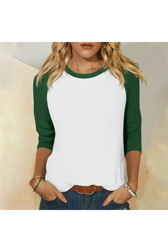 Plus Size 3/4 Sleeve Tops for Women Raglan Contrast Crewneck Summer Shirts Three Quarter Length Color Block Fashion Casual Blouses Workout Tees Green M