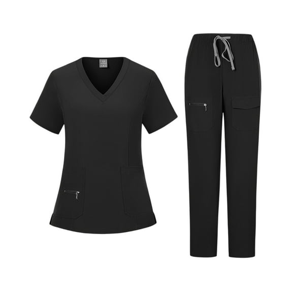 RPVATI Scrub Sets for Woman Workwear Nursing Uniform V-Neck Short Sleeve Top and Cargo Pants with Pockets 4 Way Stretch Loose Fit Scrubs Set(Black,XL)
