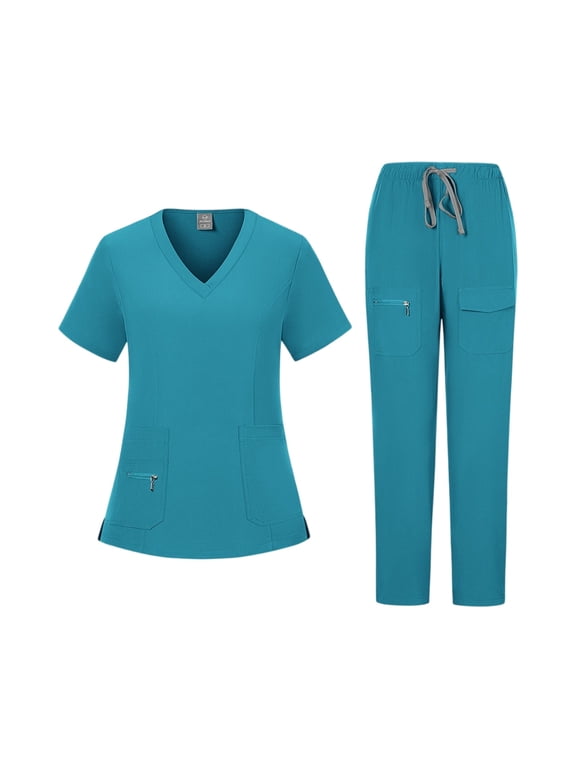 Scrub Sets for Women Workwear Nursing Uniform V-Neck Short Sleeve Top & Jogger Pants Soft and Stretchy Quick Drying Scrub Suit Multi Pockets(Turquoise,XXL)