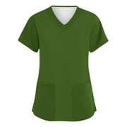 RPVATI Scrub Tops for Women Clearance Plus Size Casual Short Sleeve Solid Color Summer V Neck Workwear Nursing Uniform with Pockets Plus Size Stretchy Loose Fit Shirts Dark Green XXL