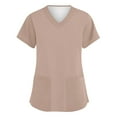 thumbnail image 1 of RPVATI Scrub Tops Women Stretchy Cute Solid Color Short Sleeve Summer V Neck Nurse Uniform Pocketed Workwear Holiday Stretchy Plus Size Shirts 2024 Khaki 5XL, 1 of 3