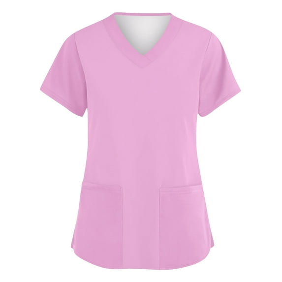RPVATI Scrub Tops Women Stretchy Cute Solid Color Short Sleeve Summer V Neck Nurse Uniform Pocketed Workwear Holiday Stretchy Plus Size Shirts 2024 Purple Pink 4XL
