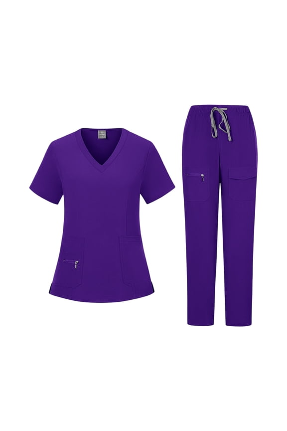 Scrubs for Women Workwear Nursing Uniform V-Neck Short Sleeve Scrub Tops and Drawstring Pants Multi Pockets Stretch Quick Drying Scrubs Set(Dark Purple,L）