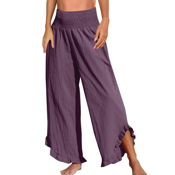 RPVATI Straight Leg Linen Pants Women Summer Petite High Waisted Straight Leg Smocked Palazzo Pants Casual Boho Ruffle Hem Flowy Beach Loose Lounge Pants with Pockets Purple XXL