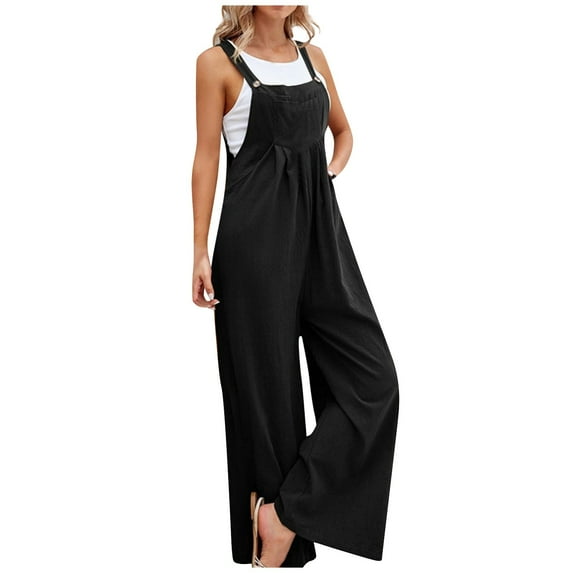 RPVATI Straps Bib Overall Loose Overalls Casual Wide Leg Jumpsuits with Pockets Black L