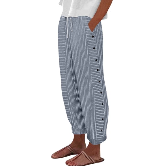 RPVATI Striped Linen Cropped Pants Women Petite Drawstring Wide Leg Elastic Waist Beach Pants Summer Side Button Lightweight Loose Fit Trousers with Pockets Light Blue M