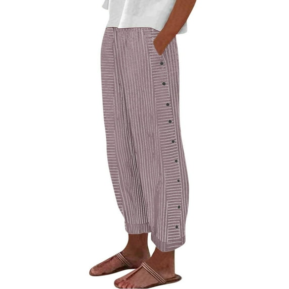 RPVATI Striped Linen Pants Women Cropped Holiday Elastic Waist Drawstring Wide Leg Cropped Pants Summer Lightweight Side Button Vacation Trousers with Pockets Wine M