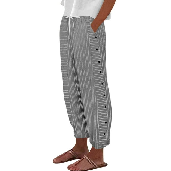 RPVATI Striped Linen Striped Pants Women Holiday Wide Leg Elastic Waist Drawstring Lounge Pants Summer Lightweight Side Button Loose Fit Trousers with Pockets Black XL