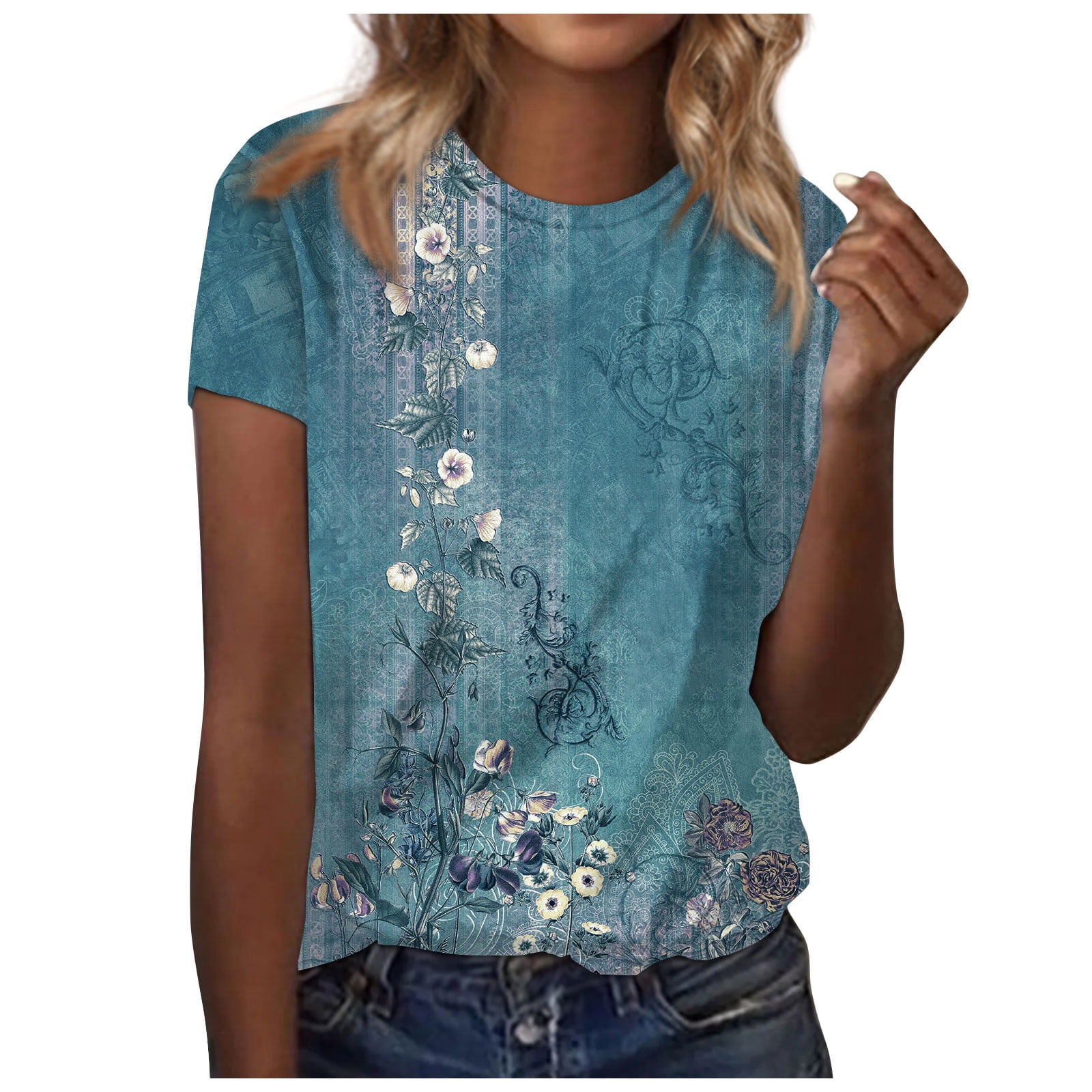 RPVATI Summer Tops for Women 2024 Ethnic Floral Printed T Shirts For Women Workout Tops Petite