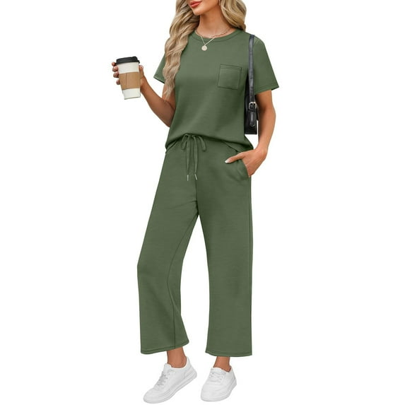 RPVATI Summer Two Piece Sets for Women Vacation Travel Outfits Business Short Sleeve Wide Leg Crop Pants Beach Matching Lounge Sets Army Green XL