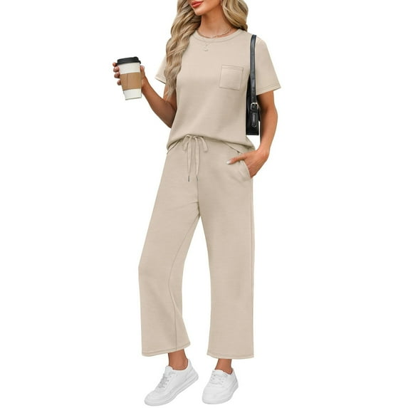 RPVATI Travel Outfits for Women 2 Piece Sets Summer Vacation Travel Going Out Short Sleeve Round Neck Tops Wide Leg Crop Pants Casual Matching Lounge Sets Beige M