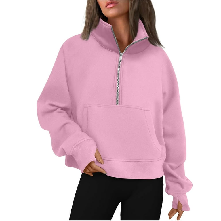 RPVATI Warm Sweatshirts for Women Winter Long Sleeve Half Zip Hoodies  Workout V Neck Solid Pullover Cropped Oversized Y2K Clothes Pocket Fall 1/2  Zip Outfits Clearance Teen Girls Sweatshirt Pink S 