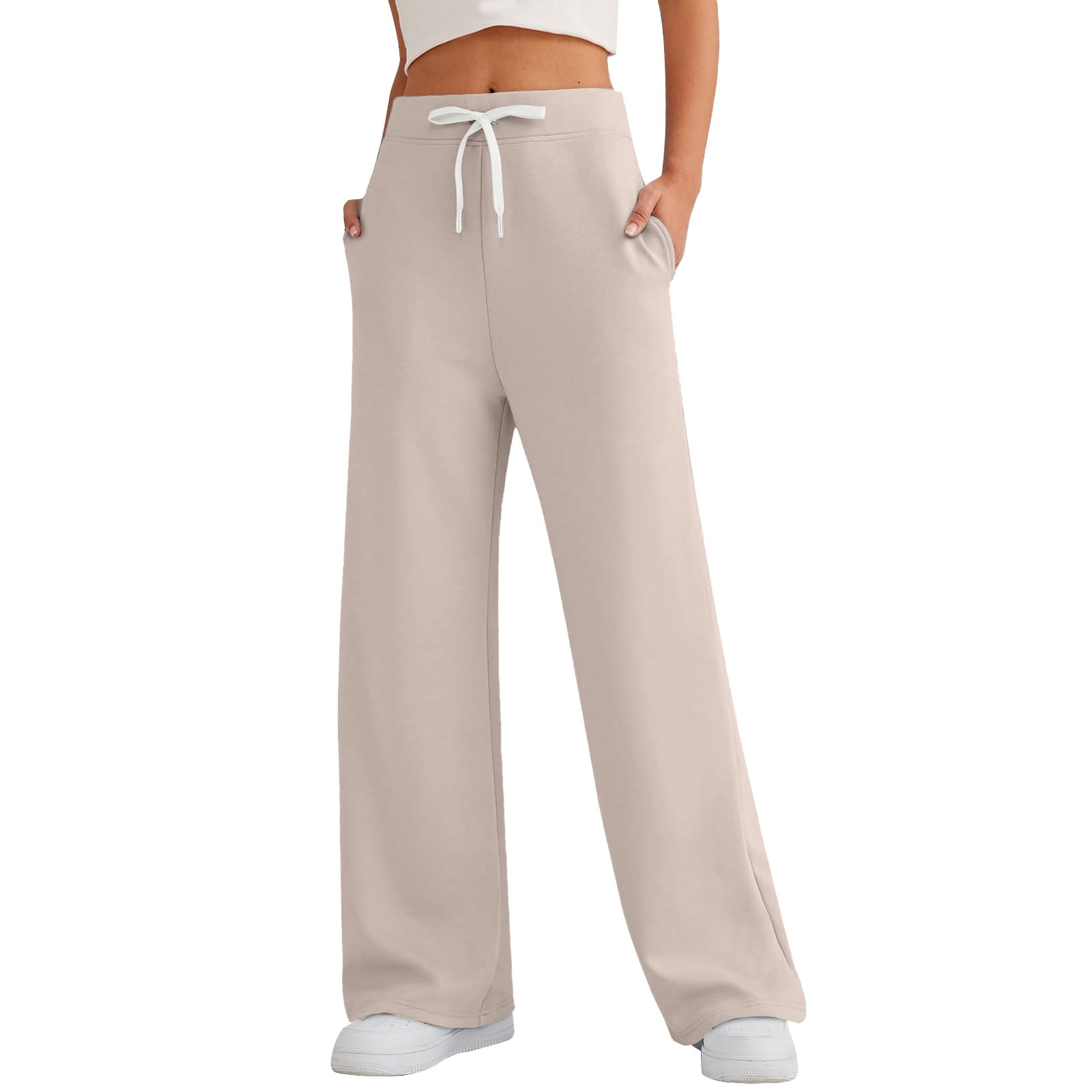 RPVATI Womens Sweat Pants Plus Drawstring Solid Color Wide Pants for Women  Gym Loose Fit High Waisted Sweatpants Straight With Pockets Baggy Pants