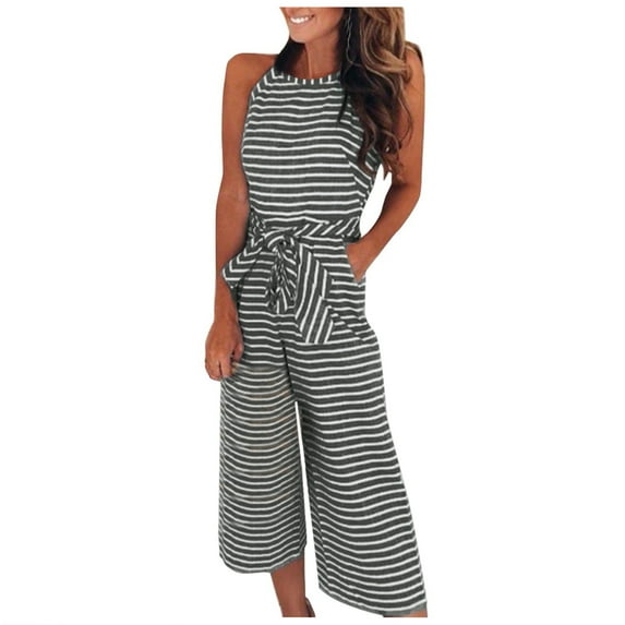 RPVATI Women Casual Sleeveless Striped Jumpsuit Wide Leg Capri Romper Pants Cropped Overalls Tie Knot with Pocket Black S