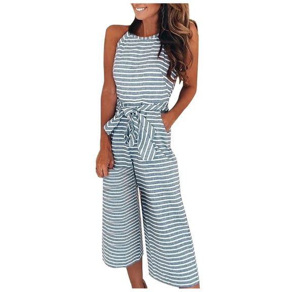 RPVATI Women Casual Sleeveless Striped Jumpsuit Wide Leg Capri Romper Pants Cropped Overalls Tie Knot with Pocket Blue M