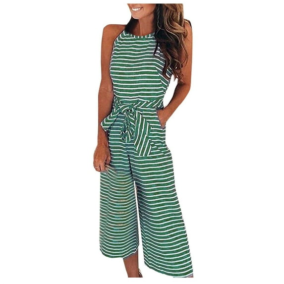 RPVATI Women Casual Sleeveless Striped Jumpsuit Wide Leg Capri Romper Pants Cropped Overalls Tie Knot with Pocket Green XXL