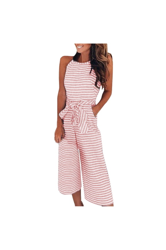 Women Casual Sleeveless Striped Jumpsuit Wide Leg Capri Romper Pants Cropped Overalls Tie Knot with Pocket Pink S