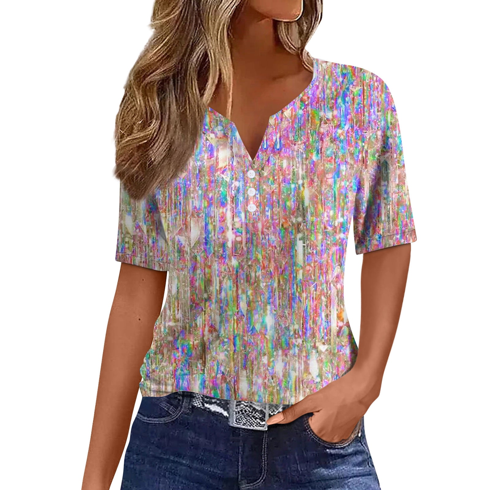 RPVATI Women Going Out Tops Casual Short Sleeve Henley Sequin Button T ...