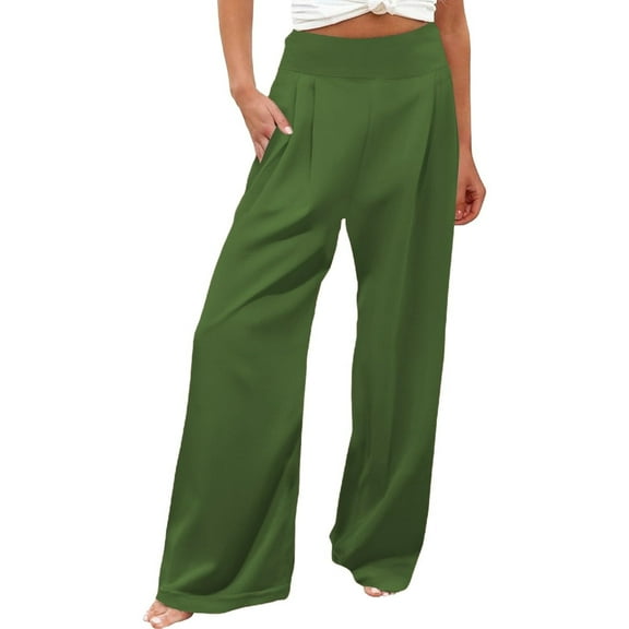 RPVATI Women High Waist Casual Pants Elastic Wide Leg Summer Beach Palazzo Trousers with Pockets Lightweight Comfy Army Green L
