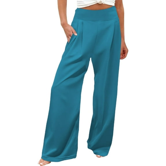 RPVATI Women High Waist Casual Pants Elastic Wide Leg Summer Beach Palazzo Trousers with Pockets Lightweight Comfy Blue S