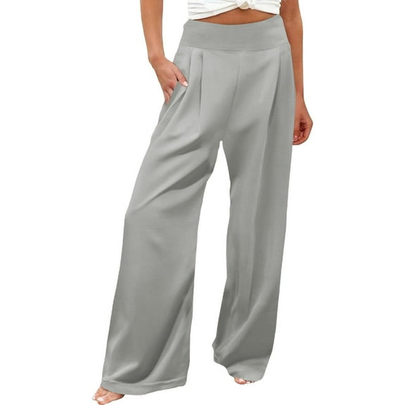 RPVATI Women High Waist Casual Pants Elastic Wide Leg Summer Beach Palazzo Trousers with Pockets Lightweight Comfy Light Gray M