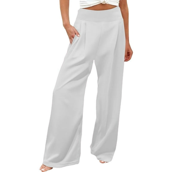 RPVATI Women High Waist Casual Pants Elastic Wide Leg Summer Beach Palazzo Trousers with Pockets Lightweight Comfy White XL