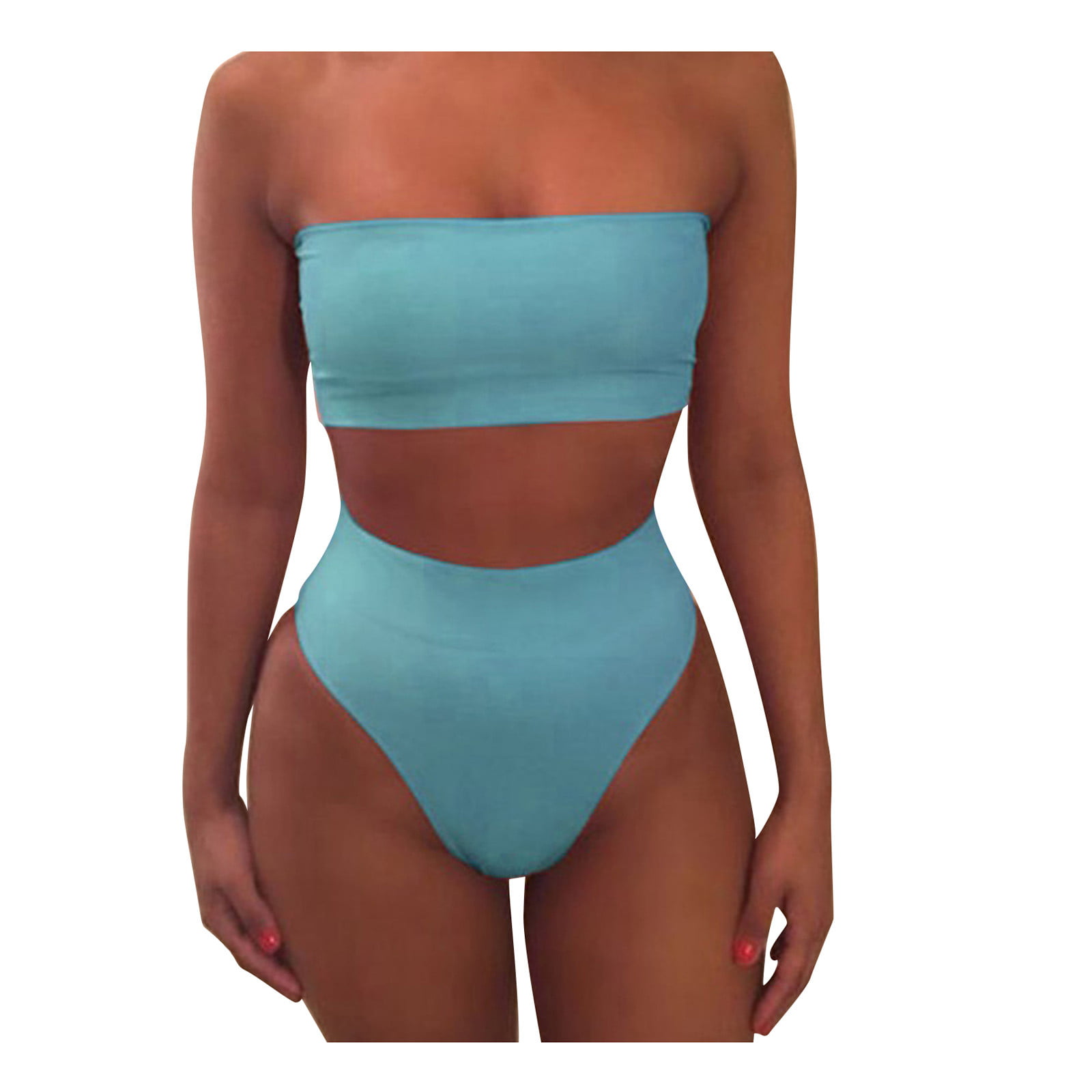 Sexy High Waisted Strapless Bikini Set Swimsuit Two Pieces Solid